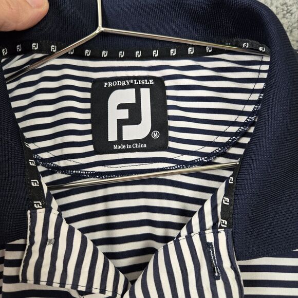 FootJoy ProDry Lisle Golf Polo Mens M Navy Blue White Striped Stretch Shirt - Picture 3 of 6